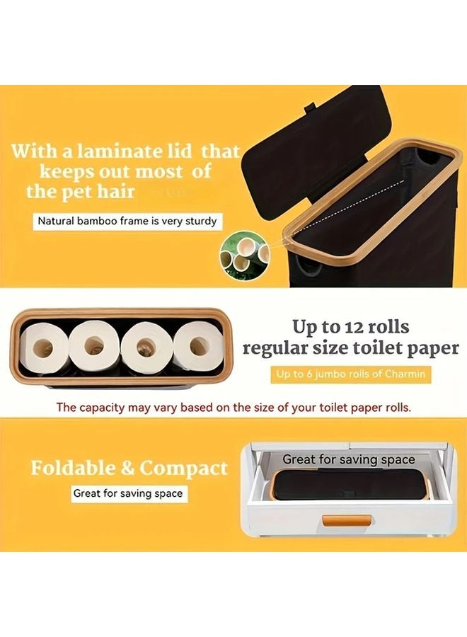 Beige Bamboo Toilet Paper Holder With Lid Dual Compartment Bathroom Organizer Storage Basket - Image 3